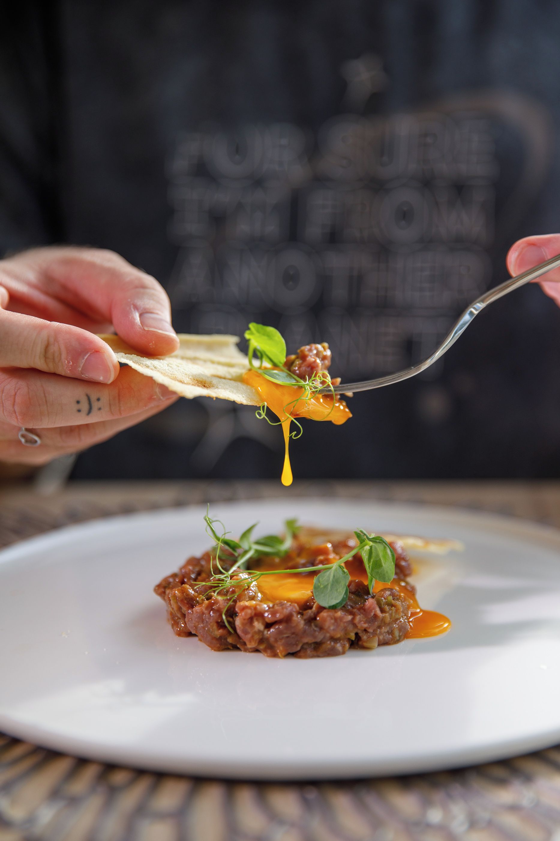 A person holding a piece of food over a plate with a sauce and garnish.