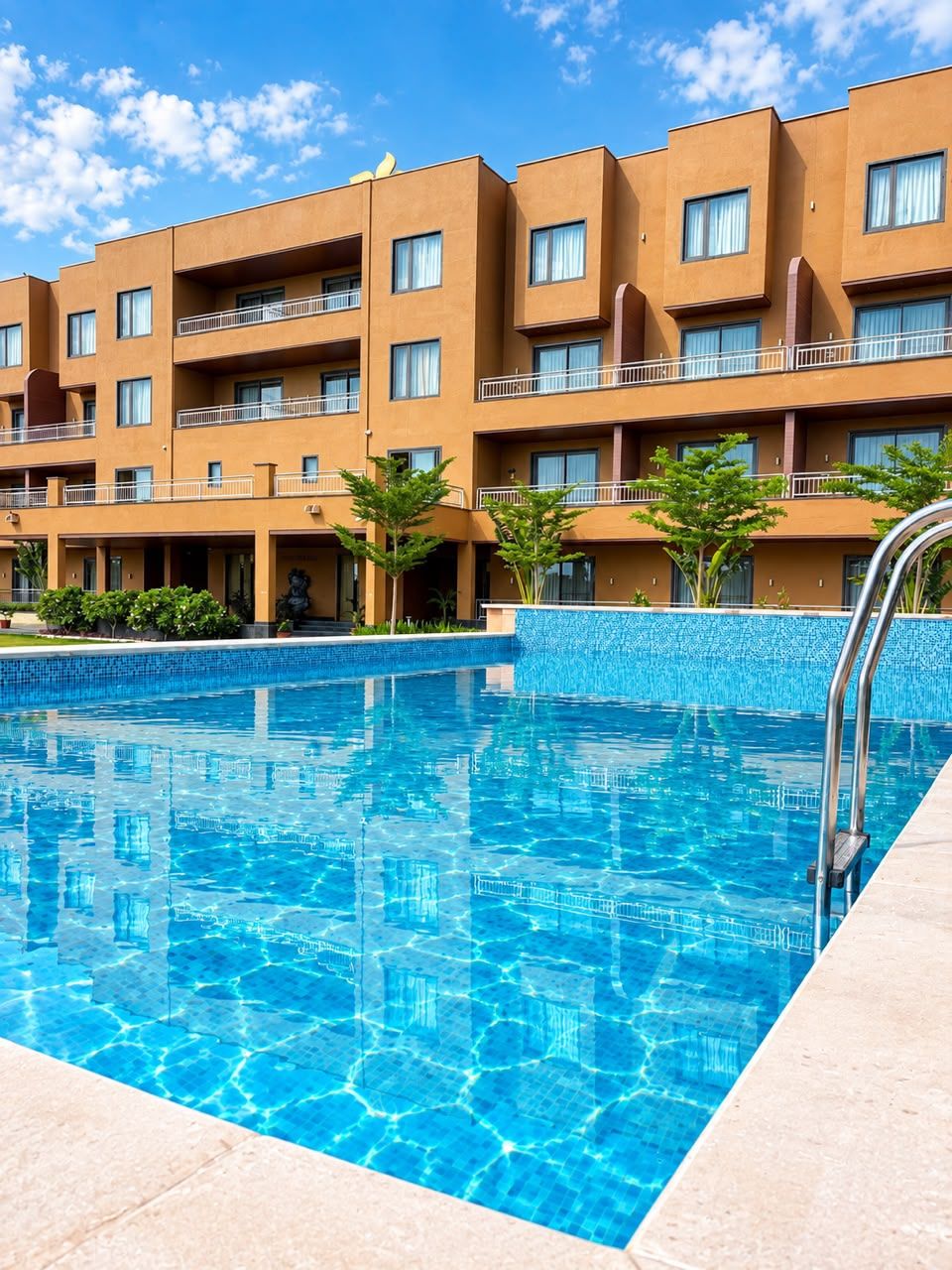 Une piscine à l’eau d’un bleu limpide, entourée d’un bâtiment doté de nombreux balcons et d’une façade recouverte de carreaux.