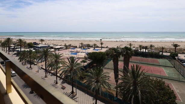 Vista de una playa con cancha de tenis y palmeras.