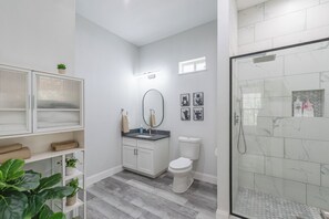 Hair dryer, towels, soap, shampoo