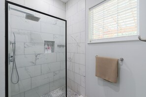 Hair dryer, towels, soap, shampoo