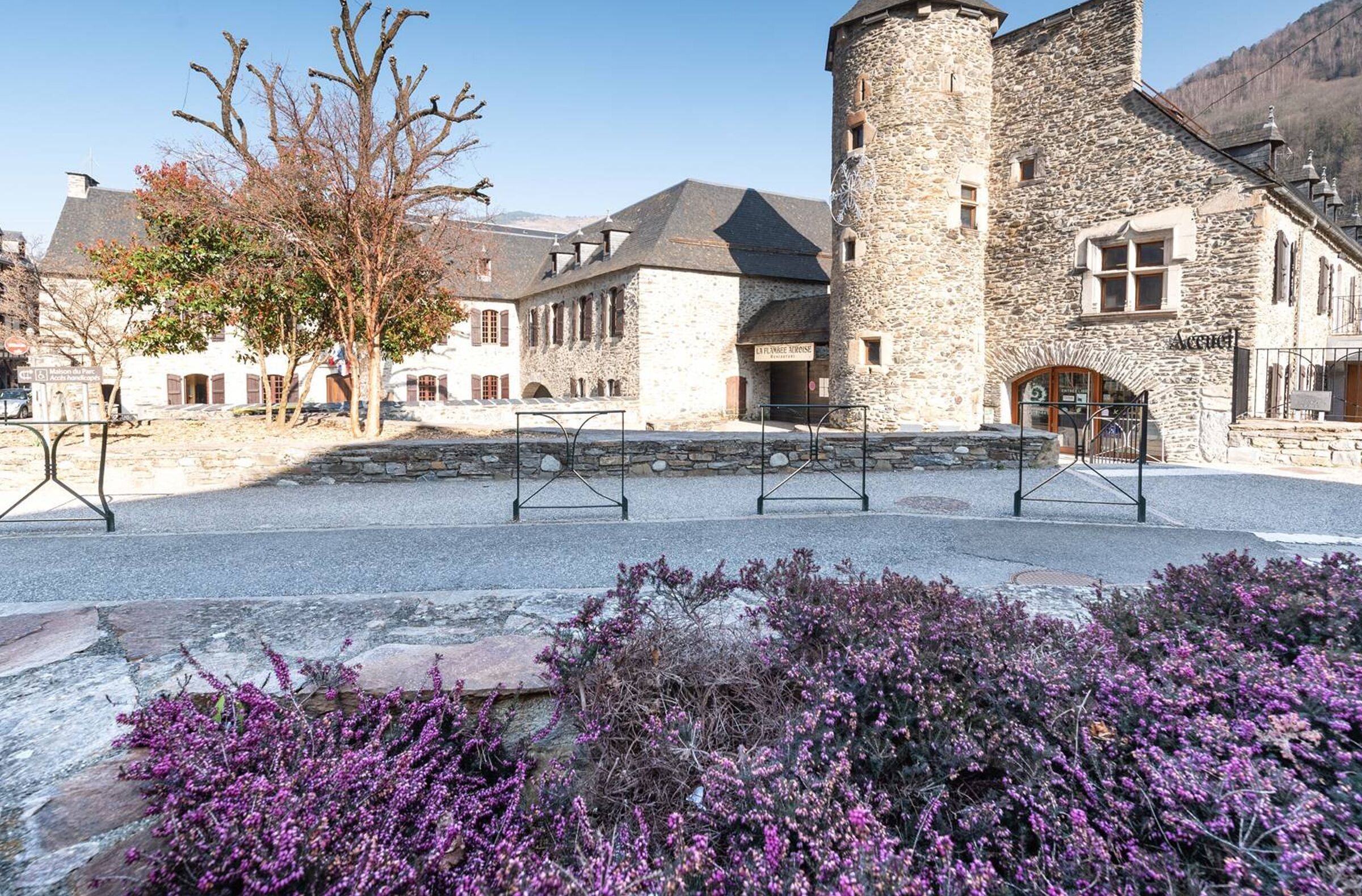 Un bâtiment historique en pierre, doté d’une tour, d’une cour avec des rampes en métal et de plantes à fleurs violettes.