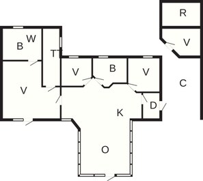 A floor plan with labeled rooms B, V, R, C, K, D, and O. - Luxury Spa Retreat in Arrild - By Traum Ferienwohnungen (Toftlund)