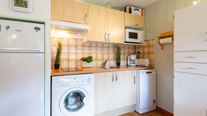 A compact kitchen with a washing machine, microwave, and a small sink. - Quiet Apartment near Saint-Lary Center, 700m from Cable Car, Max 5 People (Saint-Lary-Soulan)
