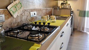 Een keuken met een gasfornuis, een spoelbak en een magnetron.