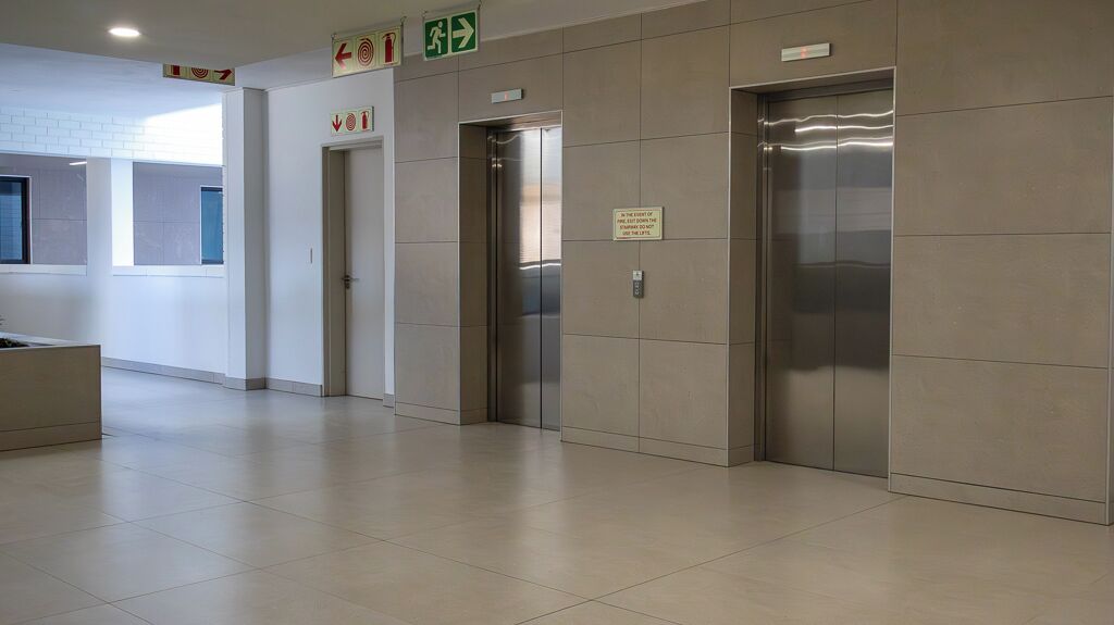 A modern elevator area with two elevators, emergency exit signs, and a clean, tiled floor.