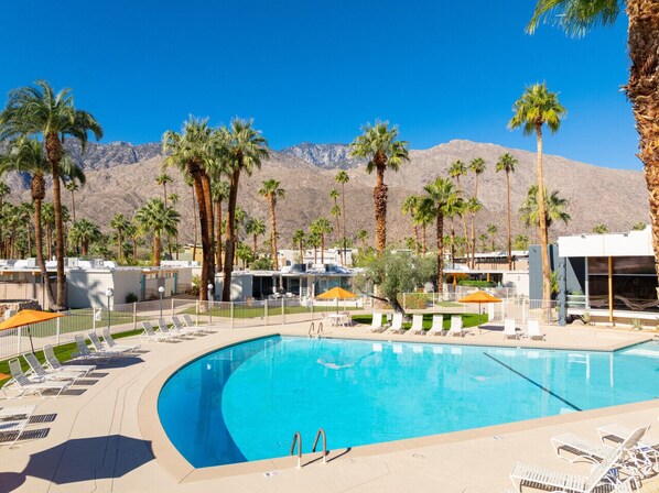 A swimming pool with lounge chairs, palm trees, and a mountainous backdrop. - Desert Dream - OCotillo Lodge with Fitness Center (Palm Springs)