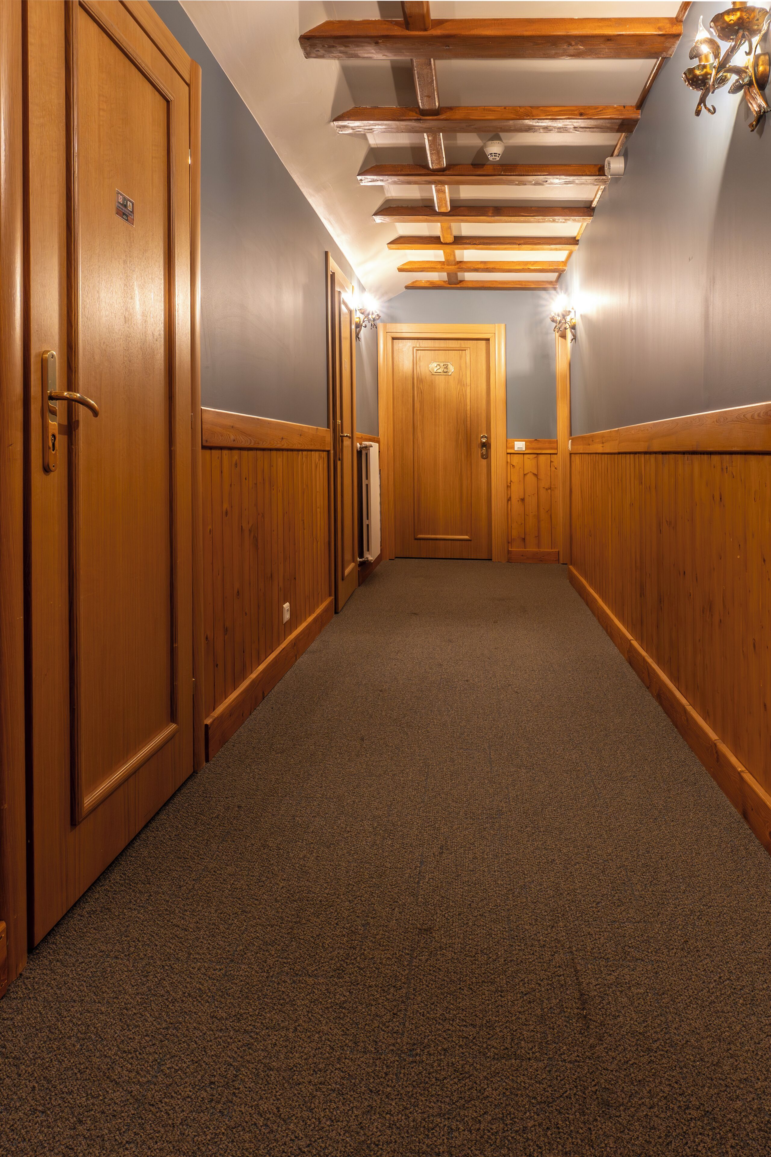 Un pasillo con puertas de madera y piso alfombrado.