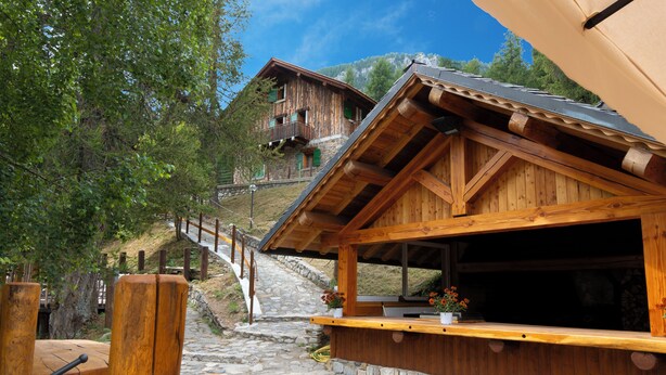 Un chalet en bois avec un escalier en pierre menant à l’entrée, entouré d’arbres et avec une montagne en toile de fond.