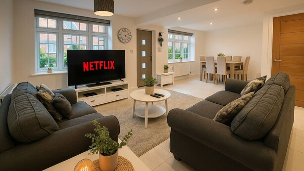 Ein modernes Wohnzimmer mit Flachbildfernseher, zwei Sofas, einem Couchtisch und einem Essbereich im Hintergrund.