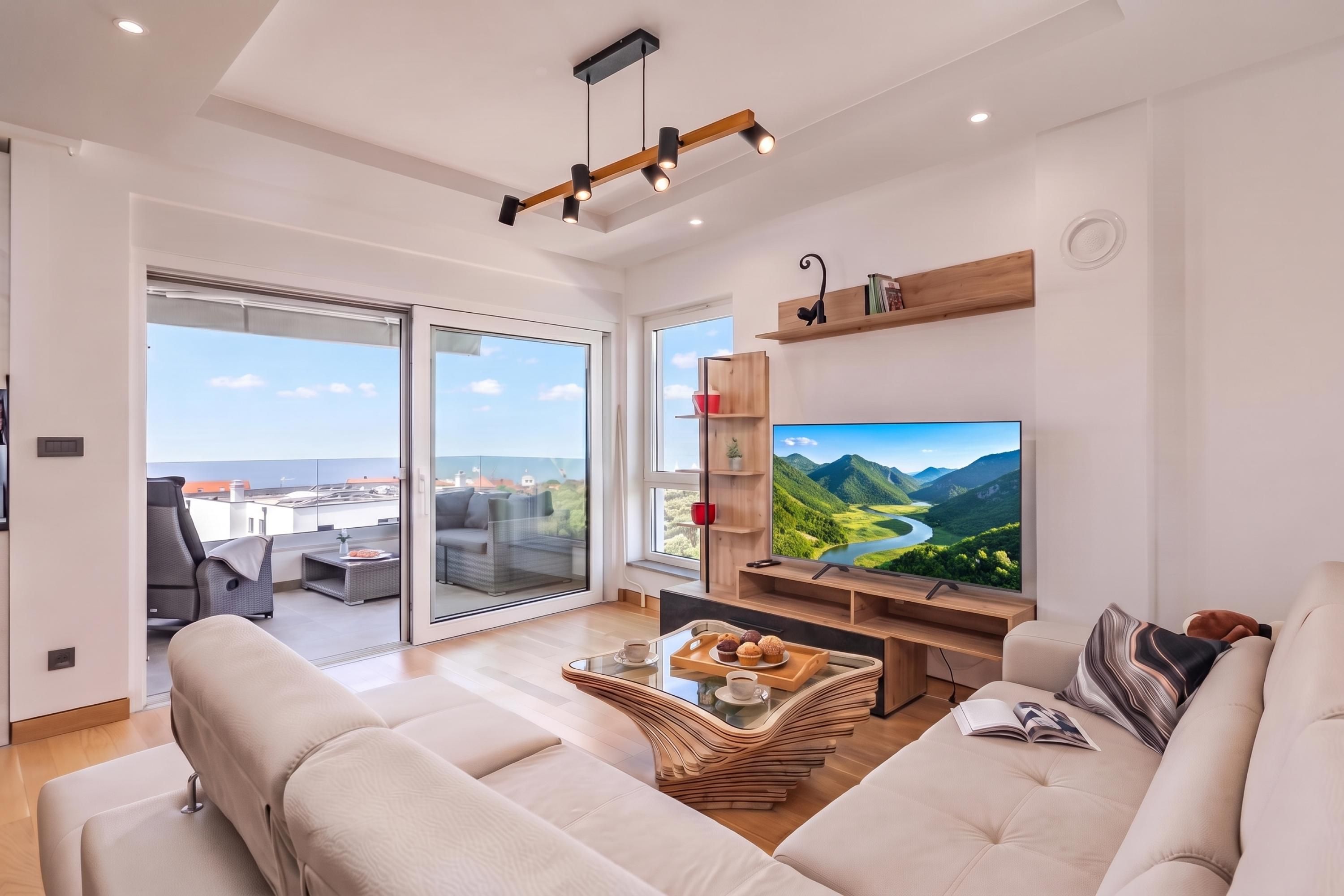 Un salon moderne doté d’un grand téléviseur à écran plat, d’un canapé, d’une table basse et offrant une vue sur un paysage montagneux par la fenêtre.