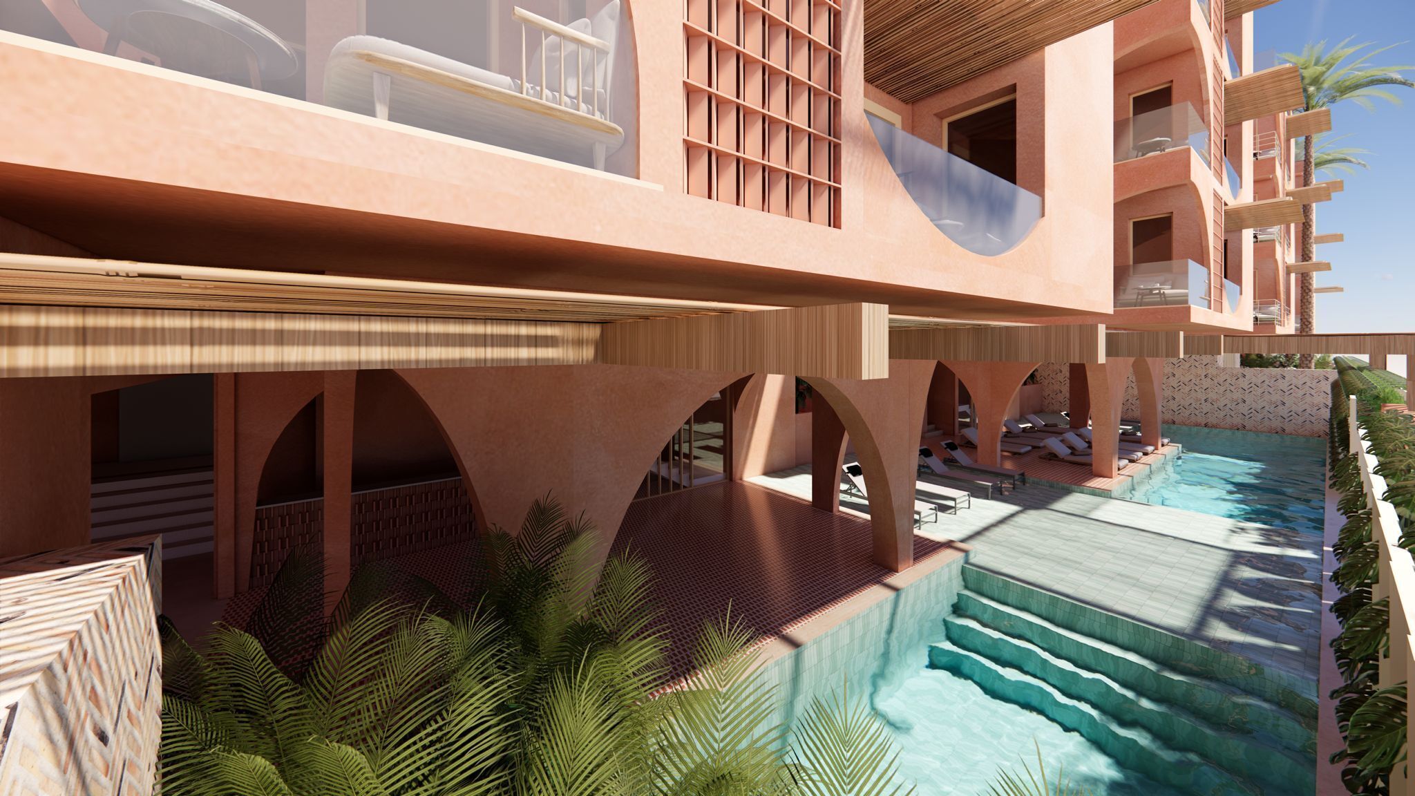 A resort with a swimming pool, multiple balconies, and outdoor seating areas.
