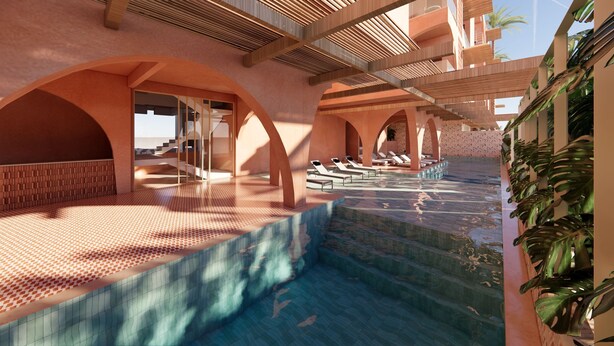 Un área de piscina interior moderna con varios sillones de sol y una fuente central.