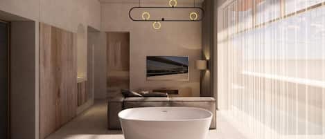 Un baño moderno con una bañera independiente, un ventilador de techo y un ventanal con cortinas translúcidas.