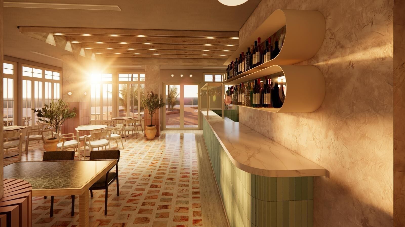 Un moderno bar con una barra curva y una estantería para vinos. En primer plano, hay mesas y sillas, y amplias ventanas que aportan luz natural.