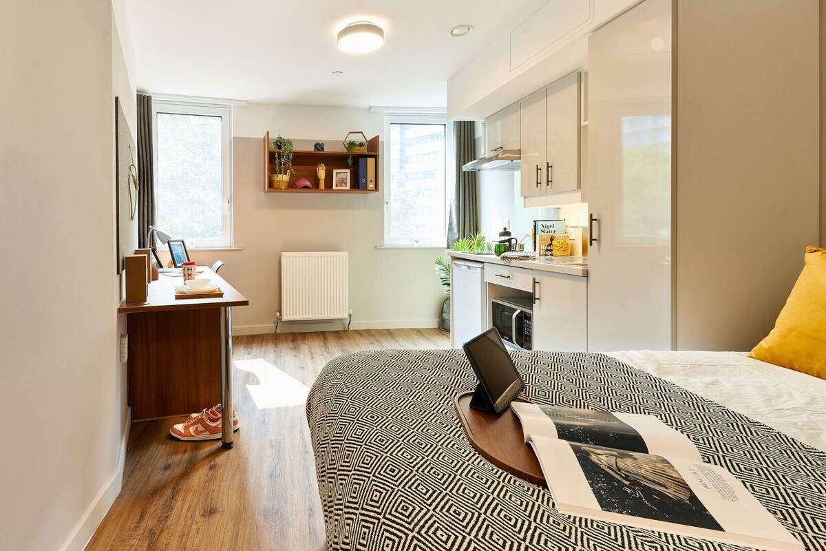 A modern bedroom with a bed, a desk, and a kitchenette.