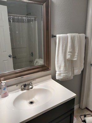 Hair dryer, towels, soap, toilet paper