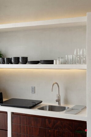 Fridge, microwave, stovetop, coffee/tea maker