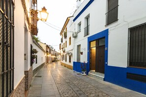 Eine schmale Kopfsteinpflasterstraße gesäumt von Gebäuden mit traditioneller Architektur, einer Straßenlaterne und hängenden Blumenkörben.