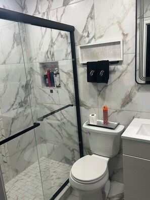 Regadera, secadora de cabello, toallas, jabón