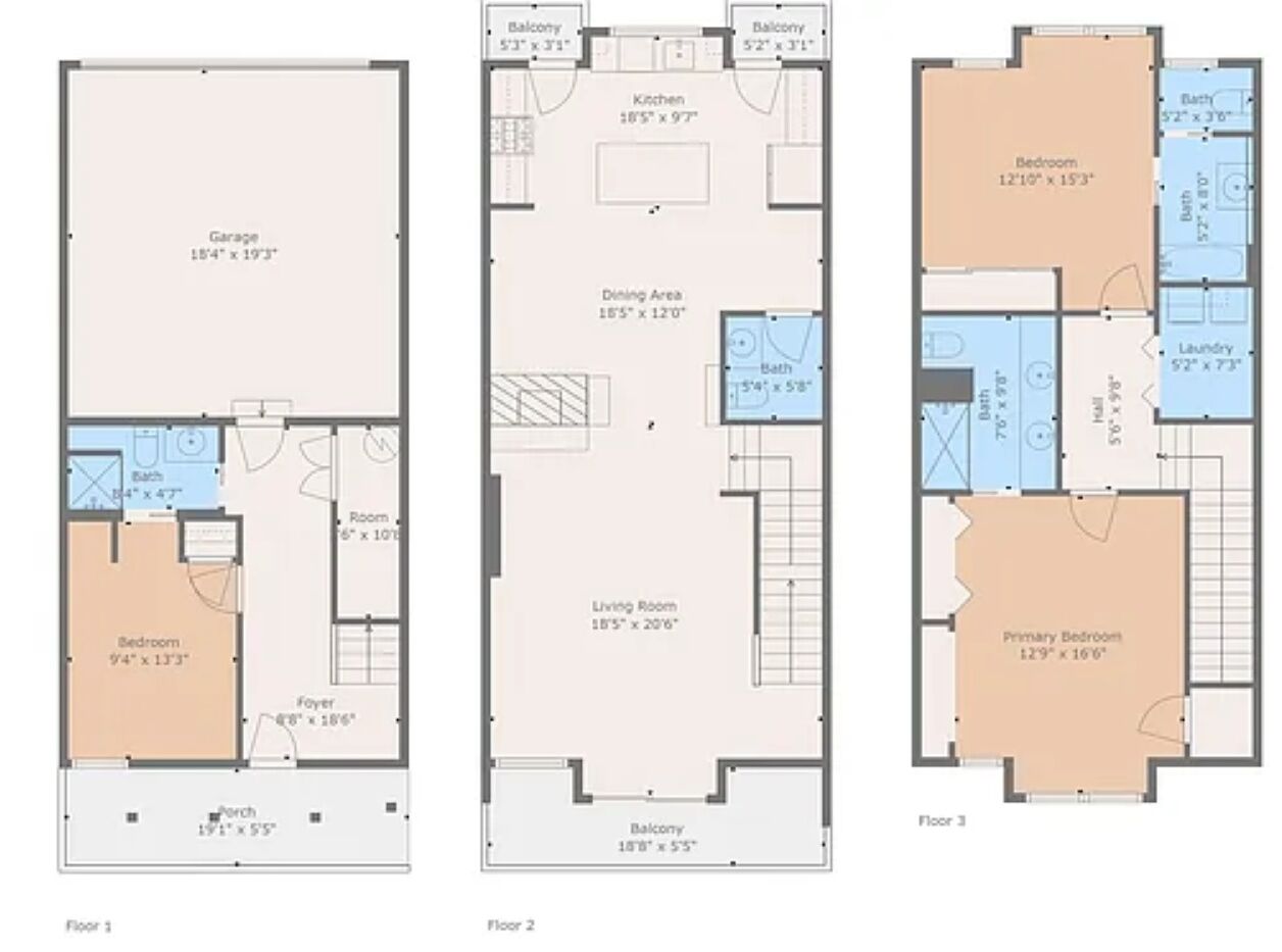Grundriss einer dreigeschossigen Wohnung mit Garage, Wohnzimmer, Essbereich, Küche und mehreren Schlafzimmern.