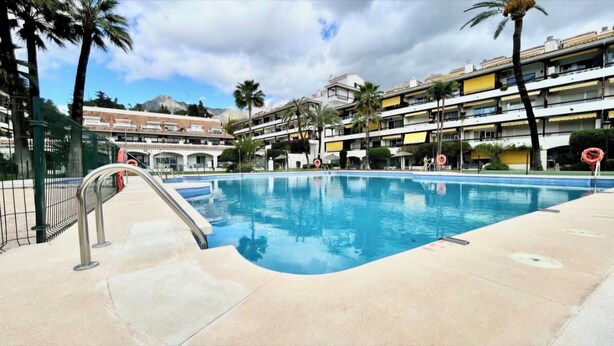 A swimming pool with a clear blue water, surrounded by a concrete deck. There are palm trees and a building with multiple balconies in the background. - Studio in front of the pool (Marbella)
