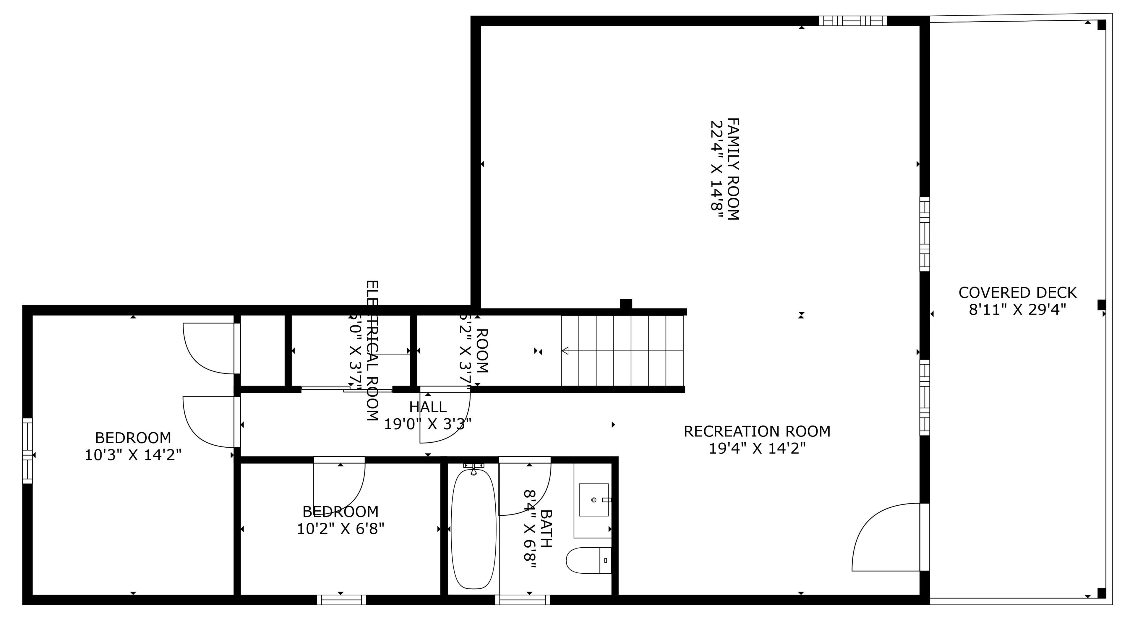 Een plattegrond met een overdekt terras van 2.74 meter x 8.9 meter, een gezinskamer, een recreatieruimte, twee slaapkamers, een badkamer en een gang.