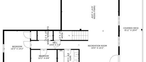 Een plattegrond met een overdekt terras van 2.74 meter x 8.9 meter, een gezinskamer, een recreatieruimte, twee slaapkamers, een badkamer en een gang.