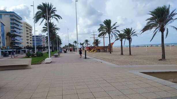 Un sendero pavimentado bordeado de palmeras y una playa al fondo.