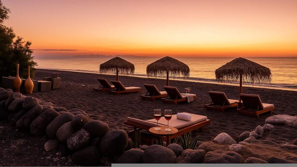 A beachside lounge with lounge chairs and thatched umbrellas, overlooking the ocean at sunset. - Golden Sunrise Suites - Santorini Lux Family Suite (Santorini)
