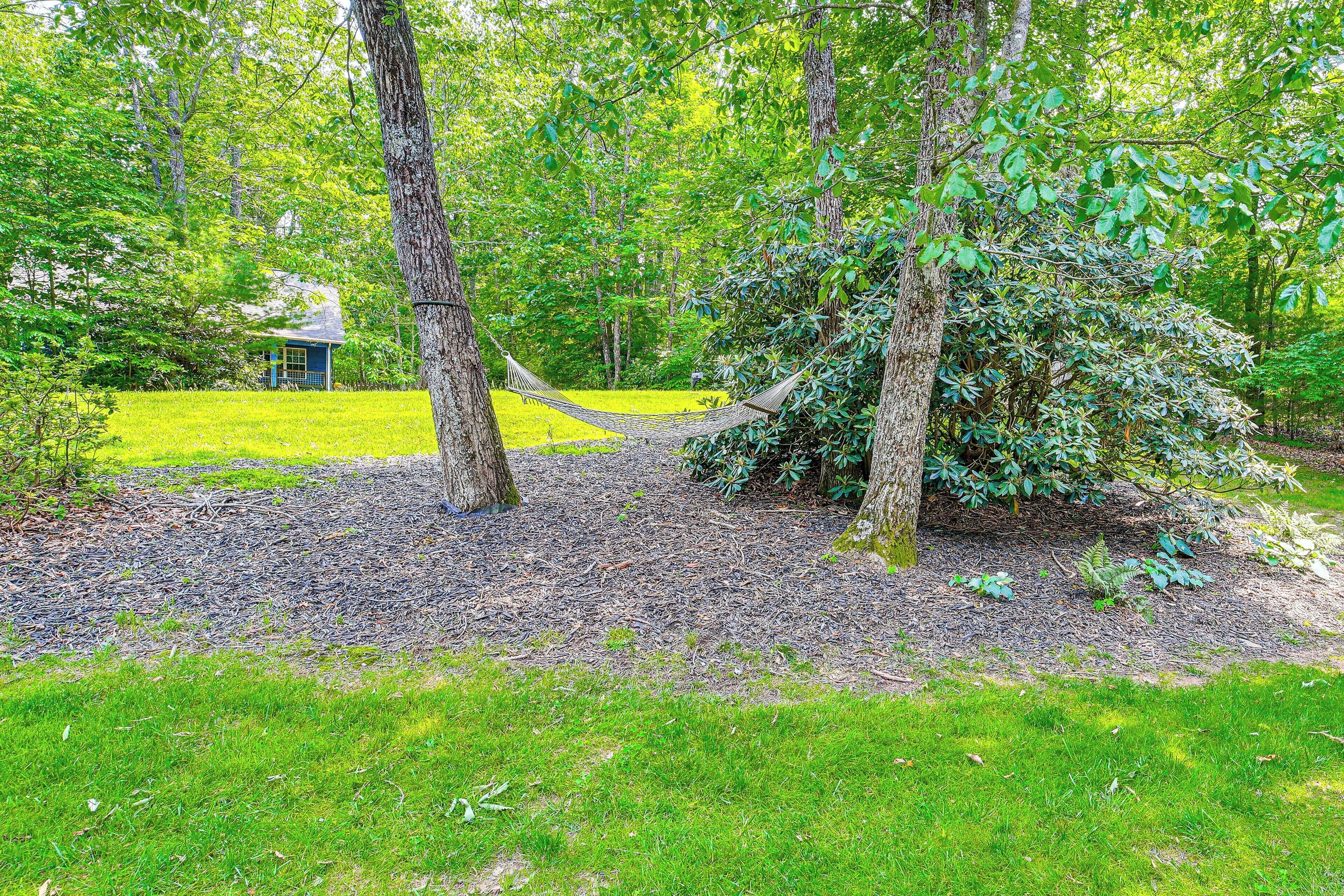 A hammock between trees in a wooded area with a small house in the background.