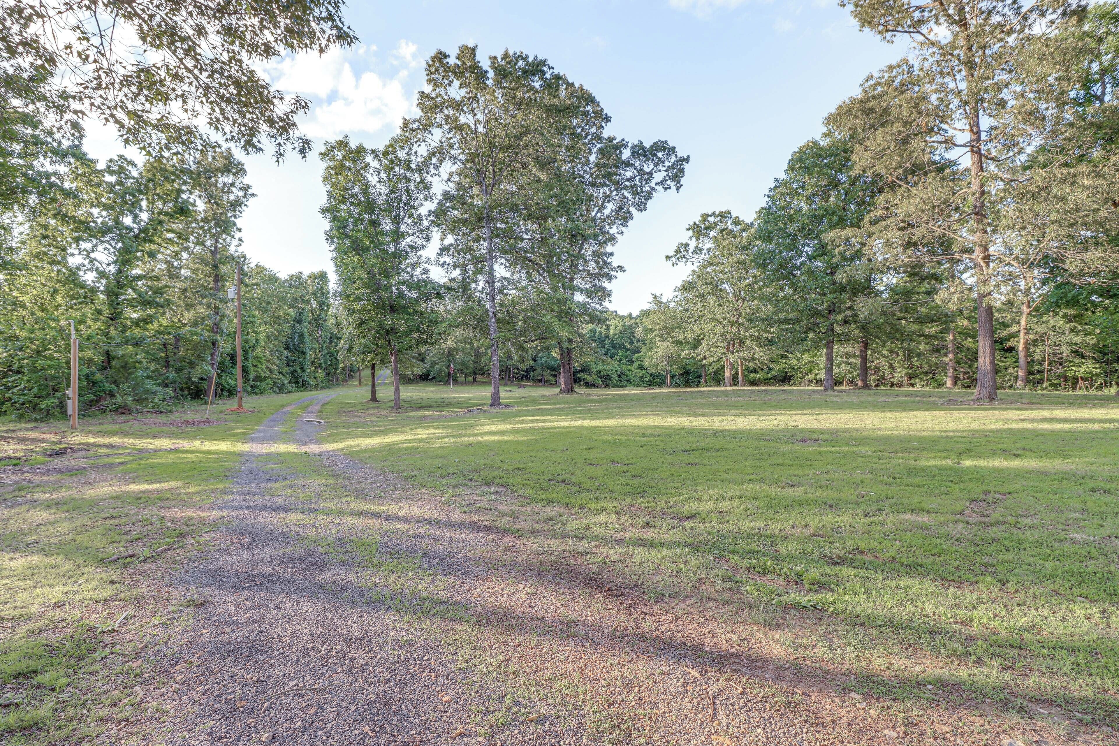 A grassy area with trees and a gravel path.