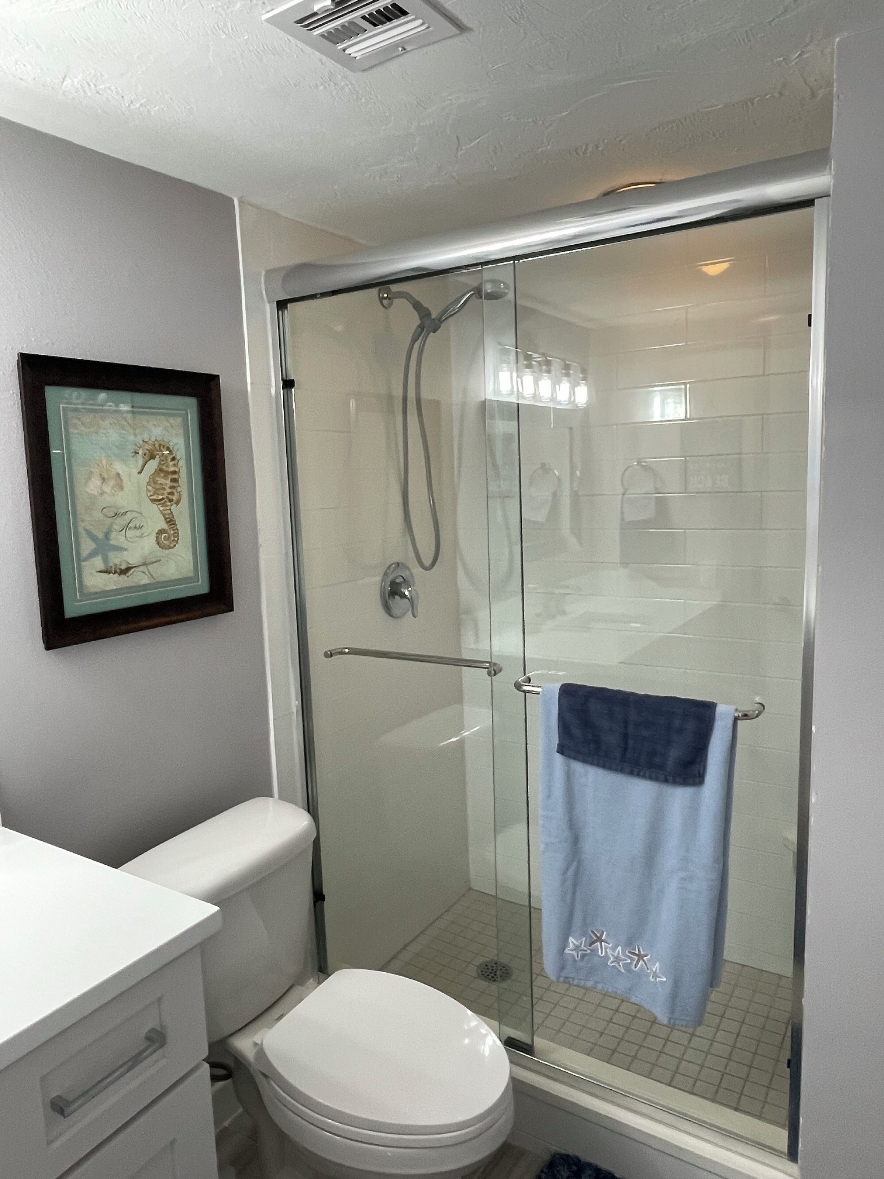 Une salle de bain avec une douche à parois de verre, des toilettes blanches et une œuvre d’art représentant un hippocampe, encadrée, accrochée au mur.