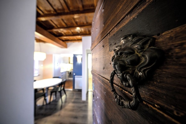 A wooden wall with a decorative metal lion head knocker.