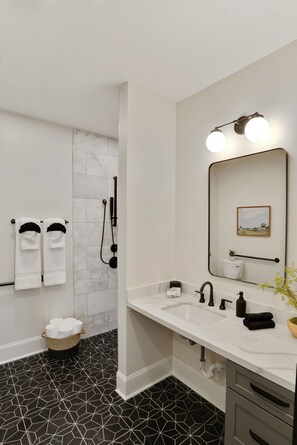 Shower, hair dryer, towels, shampoo