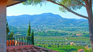 A terrace with a tiled roof overlooking a vineyard and a mountainous landscape.