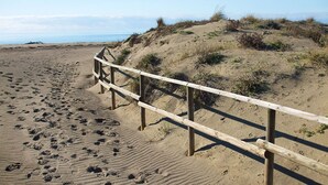 A sandy beach with a wooden fence and footprints.