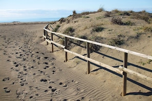 A sandy beach with a wooden fence and footprints. - Casale Rovereto nel Parco Della Maremma (Grosseto)
