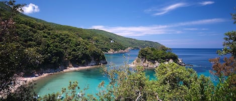 A coastal landscape with a clear view of a beach, lush green hills, and a calm sea.