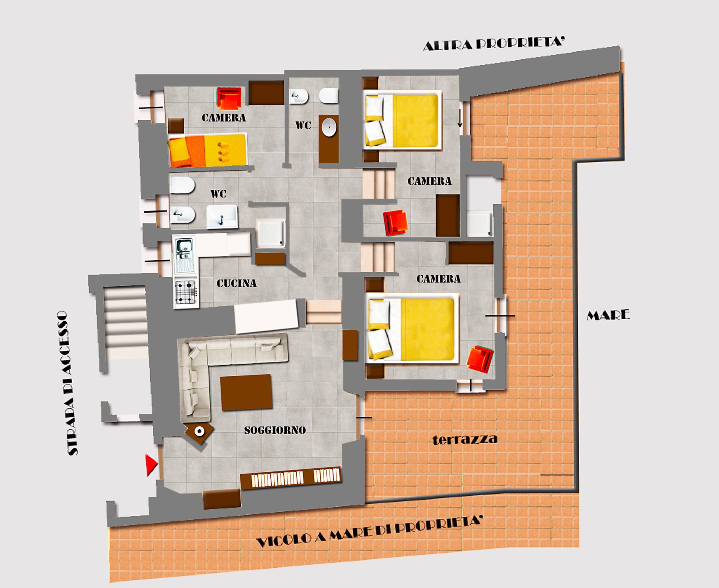 A floor plan of a property with labeled rooms including a kitchen, two bedrooms, a bathroom, and a terrace.