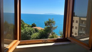 Vista per una finestra d'una zona costanera amb mar blau transparent, terra a la llunància i vegetació.