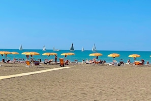A beach with rows of orange umbrellas and beach chairs, and sailboats in the background. - Appartamento Hollywood al Mare di Marina (Grosseto)
