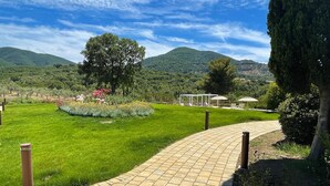 A paved pathway leading to a garden area with a pergola and outdoor seating. - Villa Campo Valerio con Grande Piscina (Scarlino)