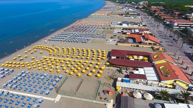 An aerial view of a beach with rows of sunbeds and umbrellas, a promenade with buildings, and a clear view of the sea. - Appartamento Giglio Vicino al Mare (Grosseto)