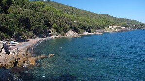 A coastal landscape with rocky shores, clear blue water, and a hillside with buildings. - Villa Ondina - Isola d Elba (Marciana Marina)