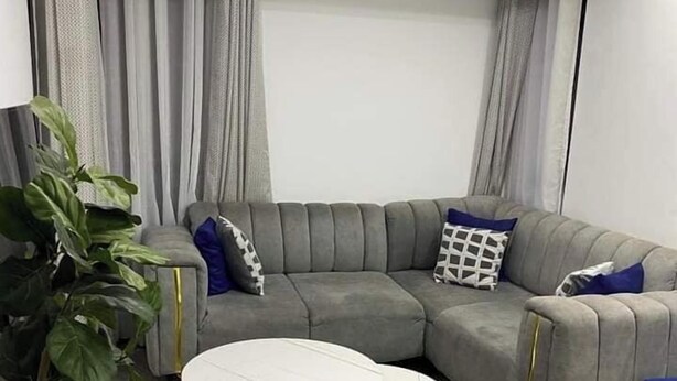 Un salon moderne avec un canapé d’angle gris, deux tables rondes à cadre doré, une grande plante en pot et des rideaux gris.