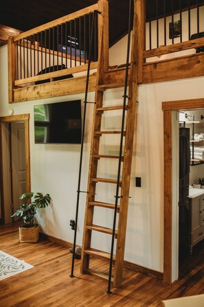 A loft-style room with a wooden ladder leading to a balcony, a flat-screen TV mounted on the wall, and a potted plant on the floor.