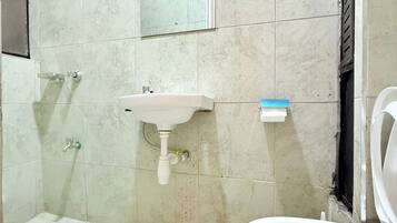 Shower, towels, soap, toilet paper