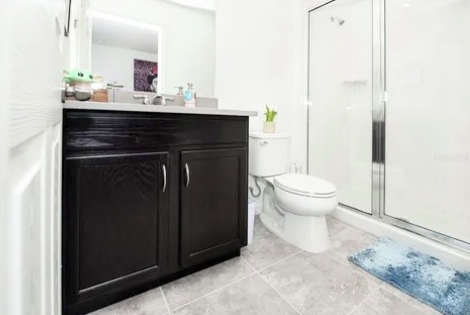 Ein Badezimmer mit schwarzem Waschtisch, weißer Toilette und einer Duschkabine aus Glas.