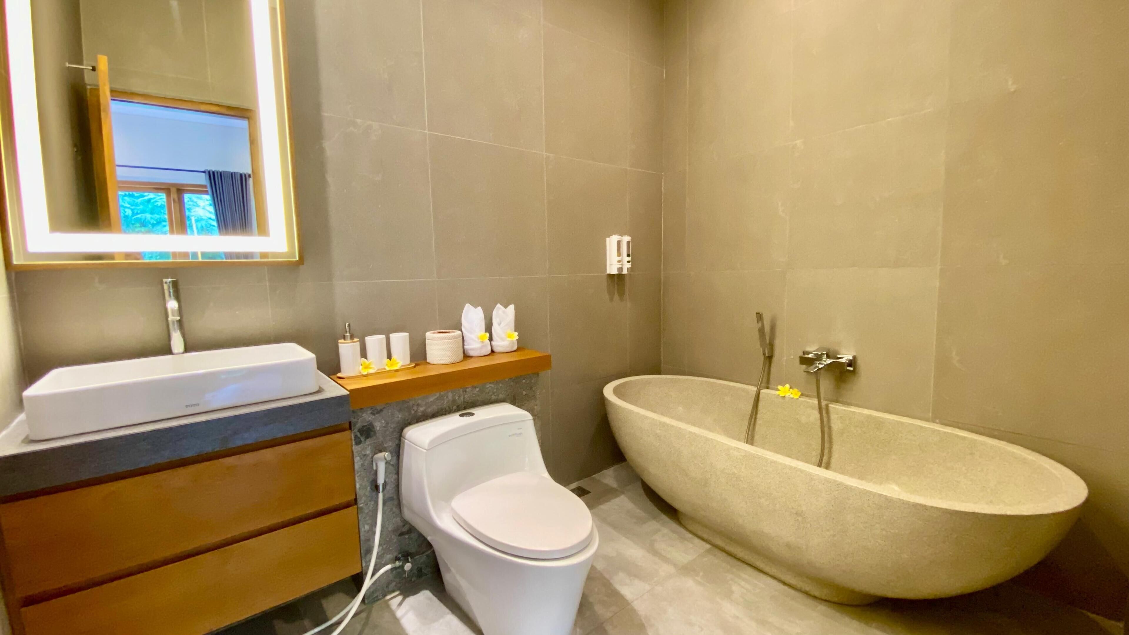 A modern bathroom with a freestanding bathtub, a toilet, a vanity with a sink, and a mirror.